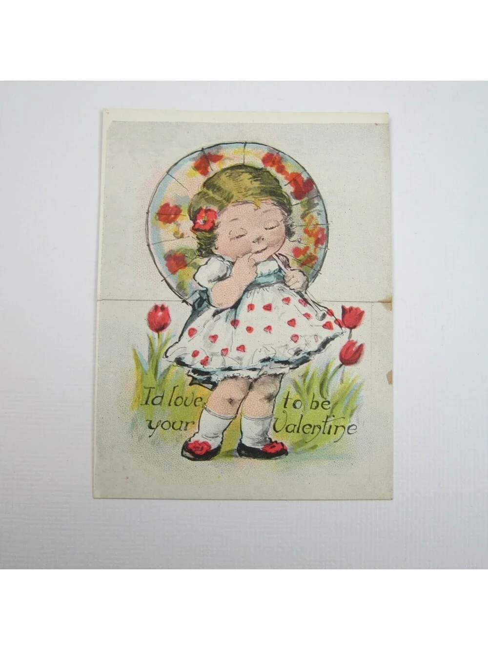 Vintage Valentine Cutout Card Stand Up Blonde Girl Parasol 1920s-30s UNSIGNED